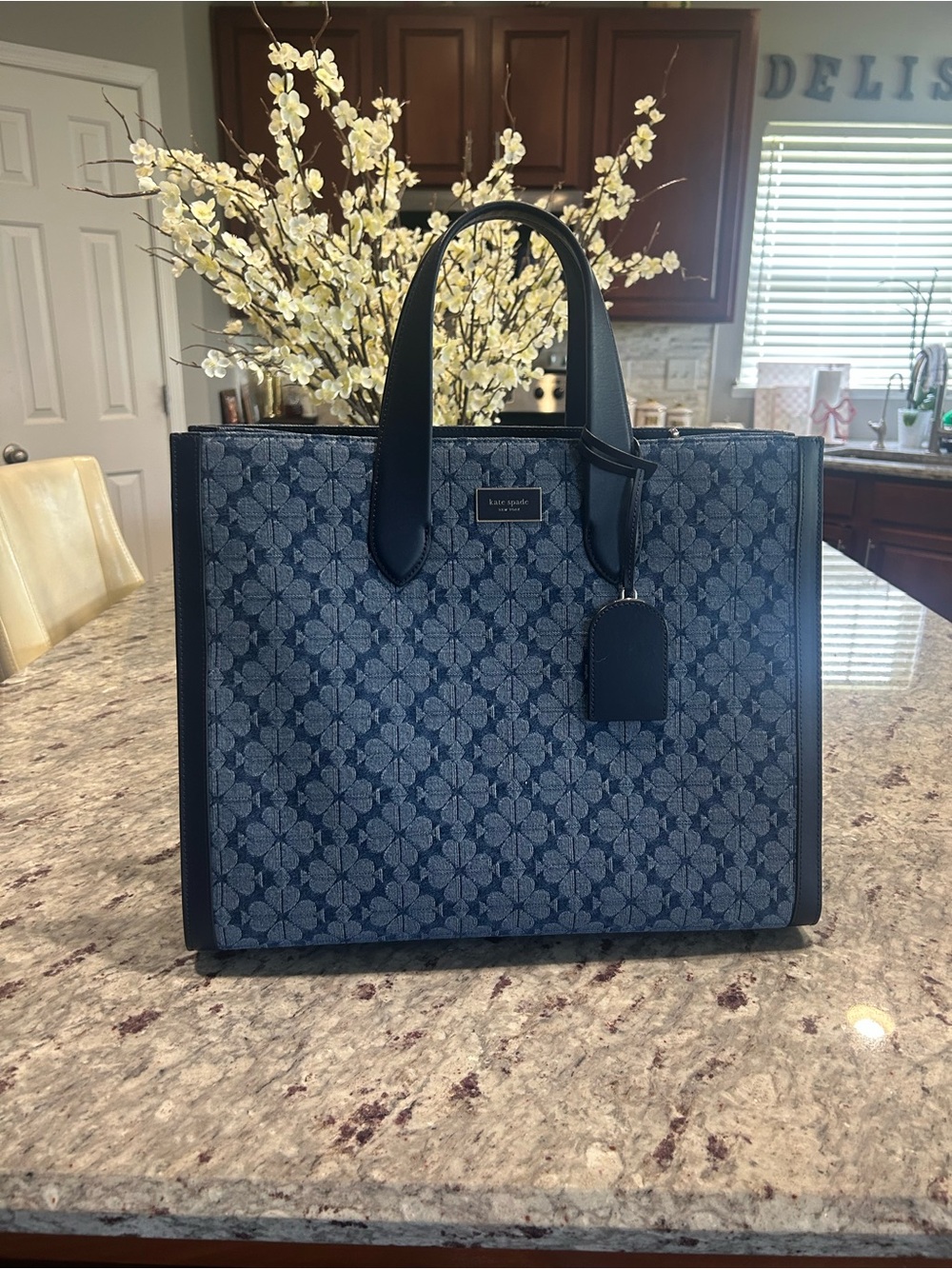 kate spade Blue Floral Jacquard Tote with Top Handles & Shoulder Strap NEW